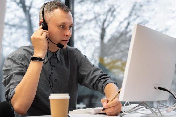 Homme faisant du démarchage téléphonique derrière son ordinateur